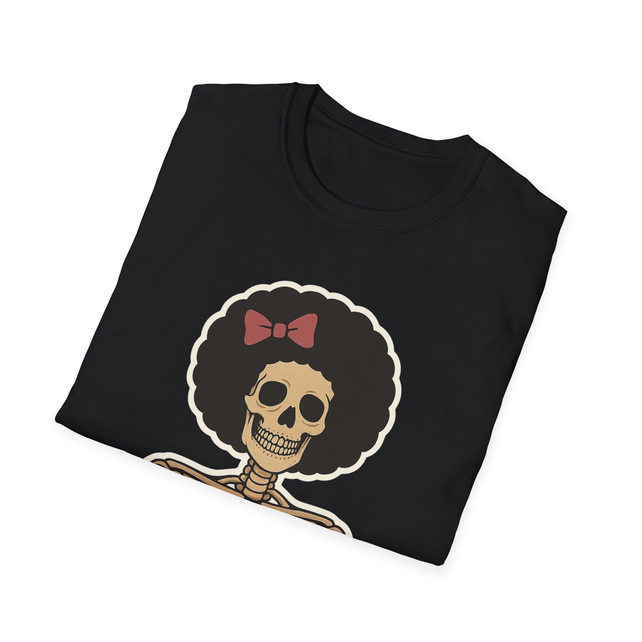 Skeleton with Afro & Bow T-Shirt — Retro Gothic Skull Tee