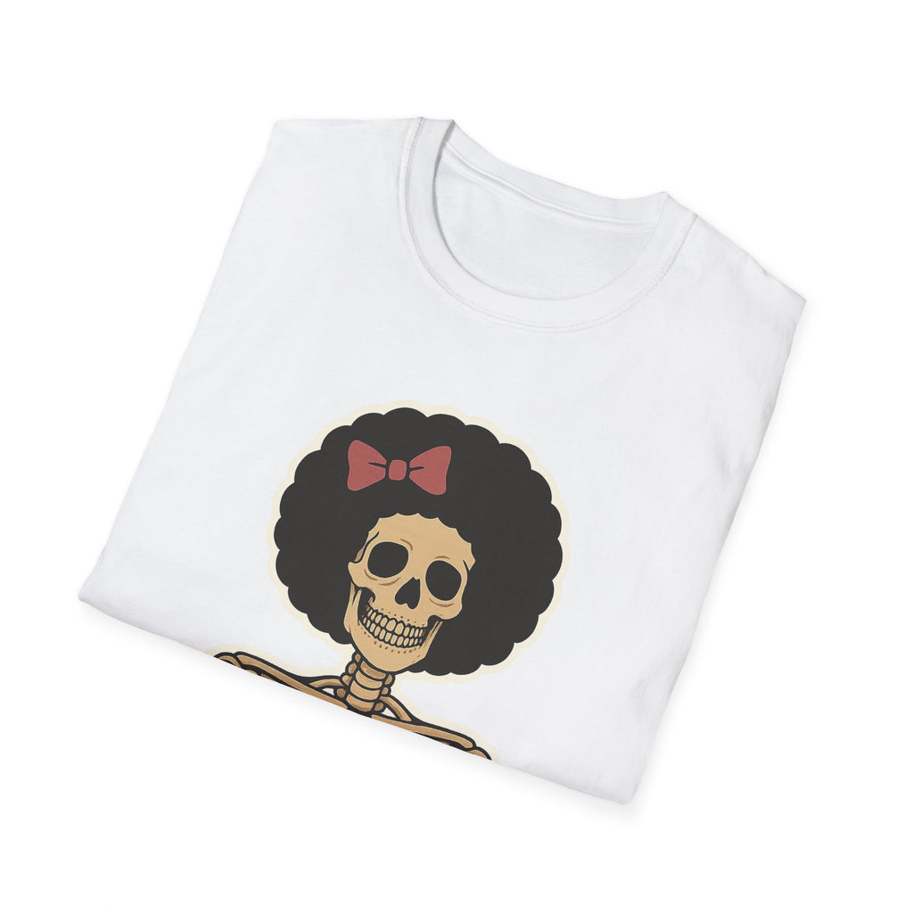 Skeleton with Afro & Bow T-Shirt — Retro Gothic Skull Tee